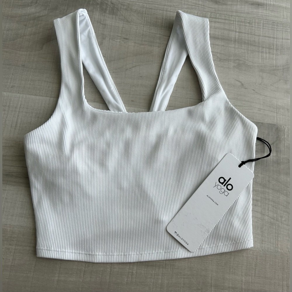 Alo Ribbed Chic White Tank Bra Top
